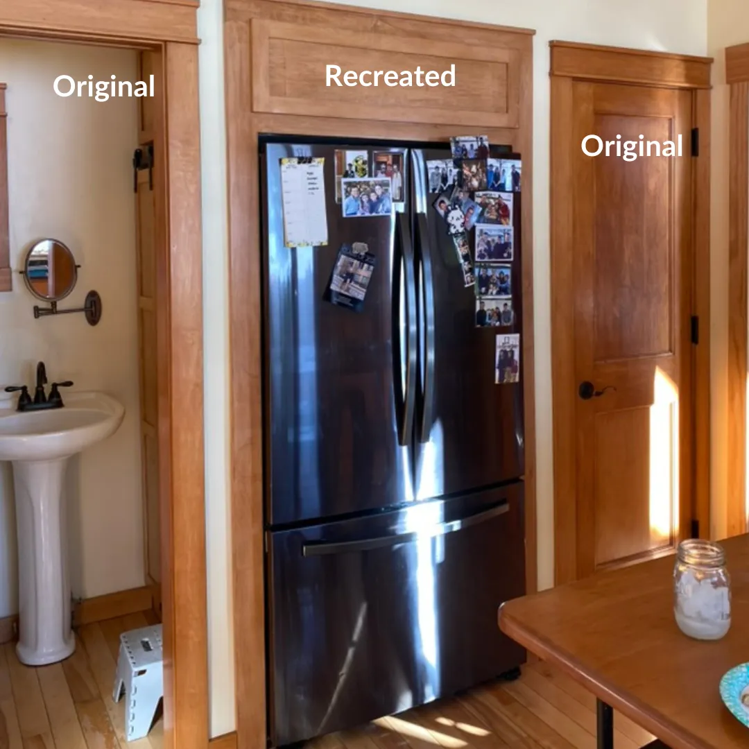 the recreated trim matches seamlessly with rest of kitchen's original trim